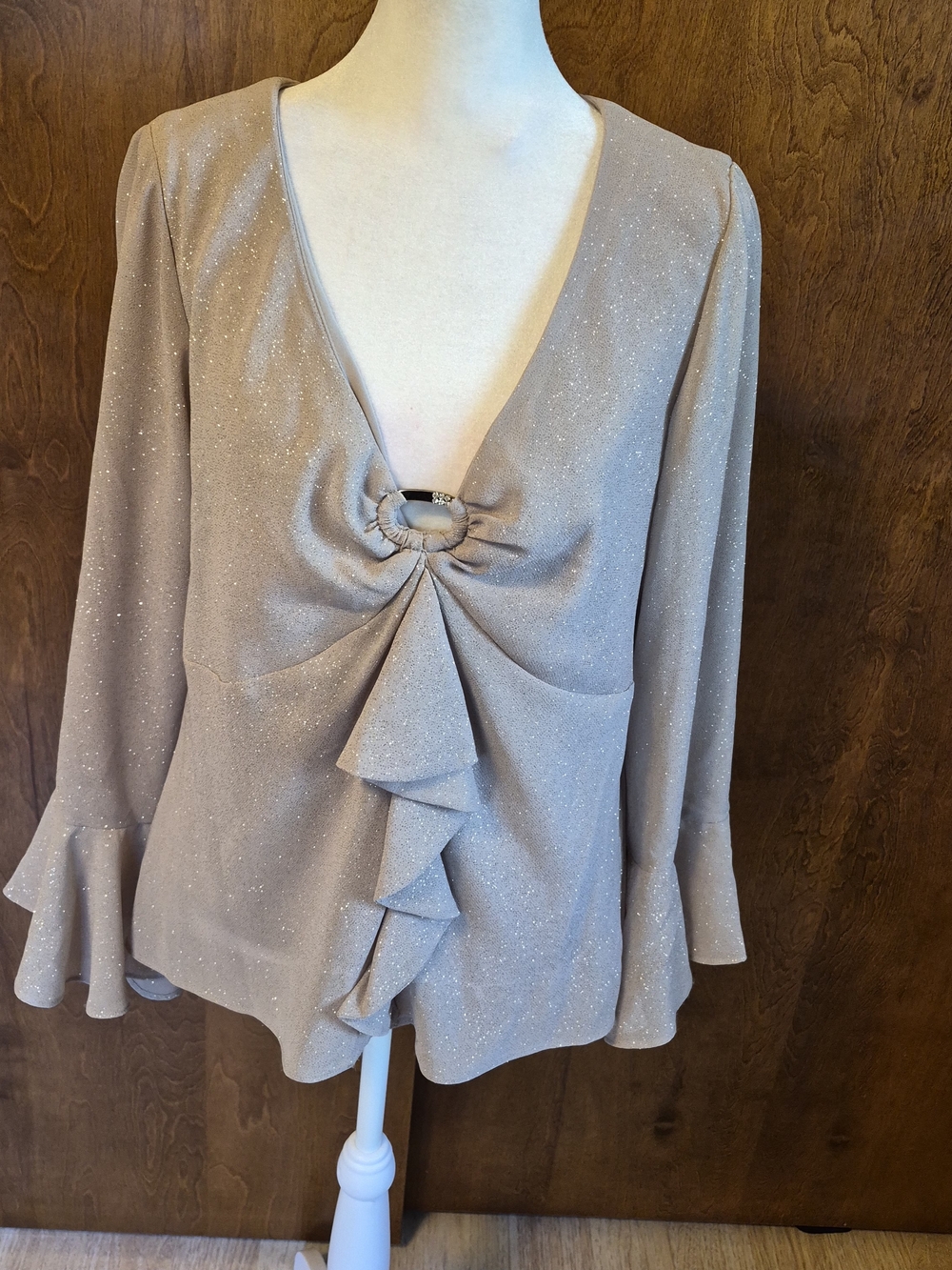 Dress Barn Taupe Glitter V-Neck Ruffle Front Blouse